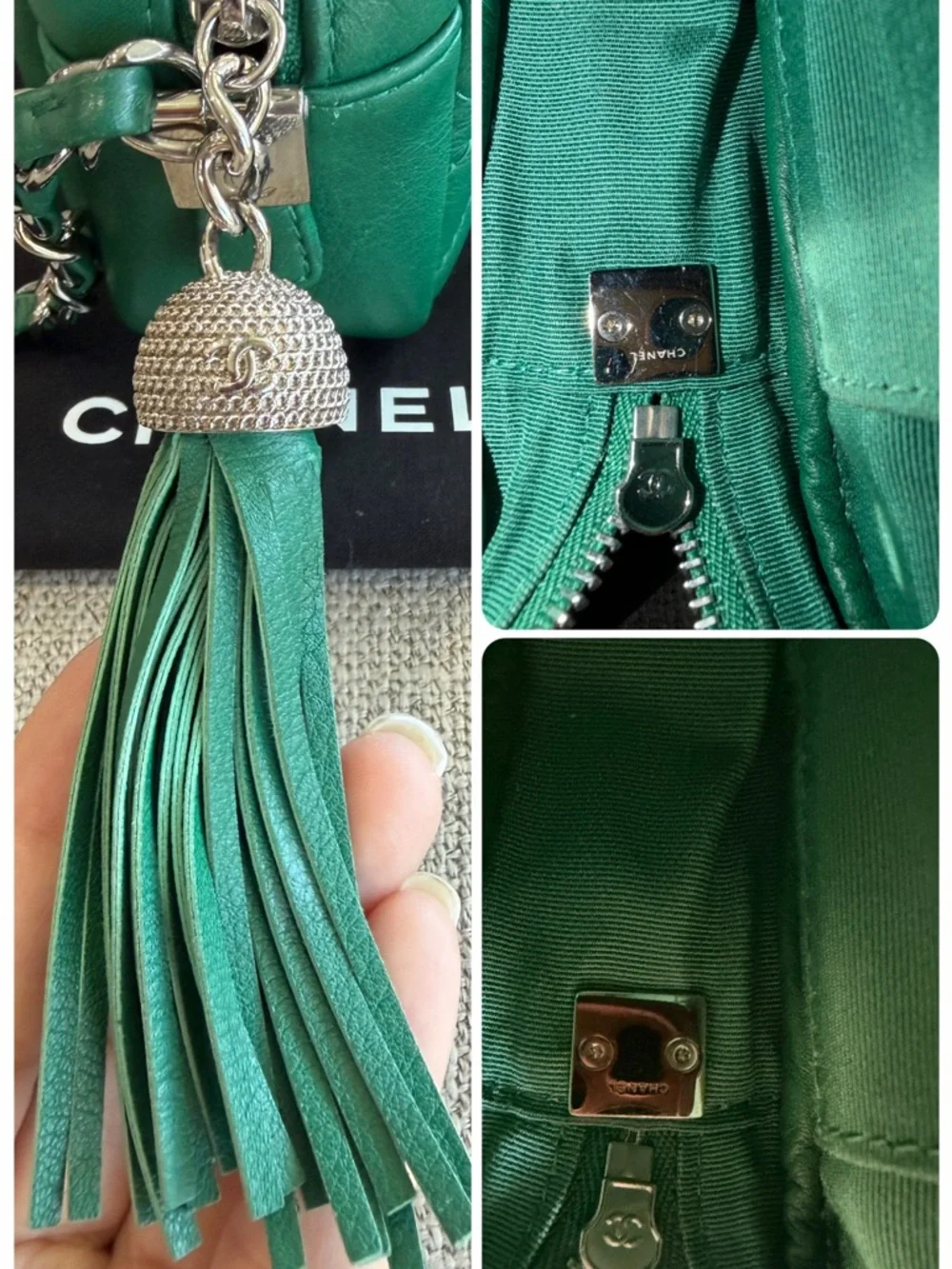CHANEL Emerald Green Quilted Chevron Leather Crossbody Camera Bag with Tassel - Picture 15 of 15